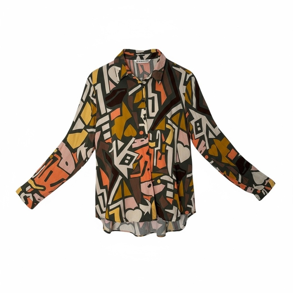 Retro Abstract Geometric Art To Wear Top Womens‎ XXL Earth Tone Statement Piece